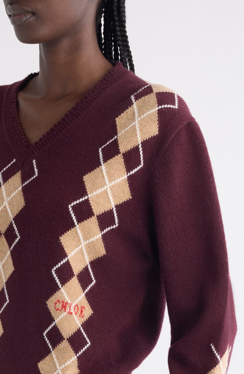 Chloé Argyle Wool & Cashmere V-Neck Sweater, Alternate, color, Burgundy