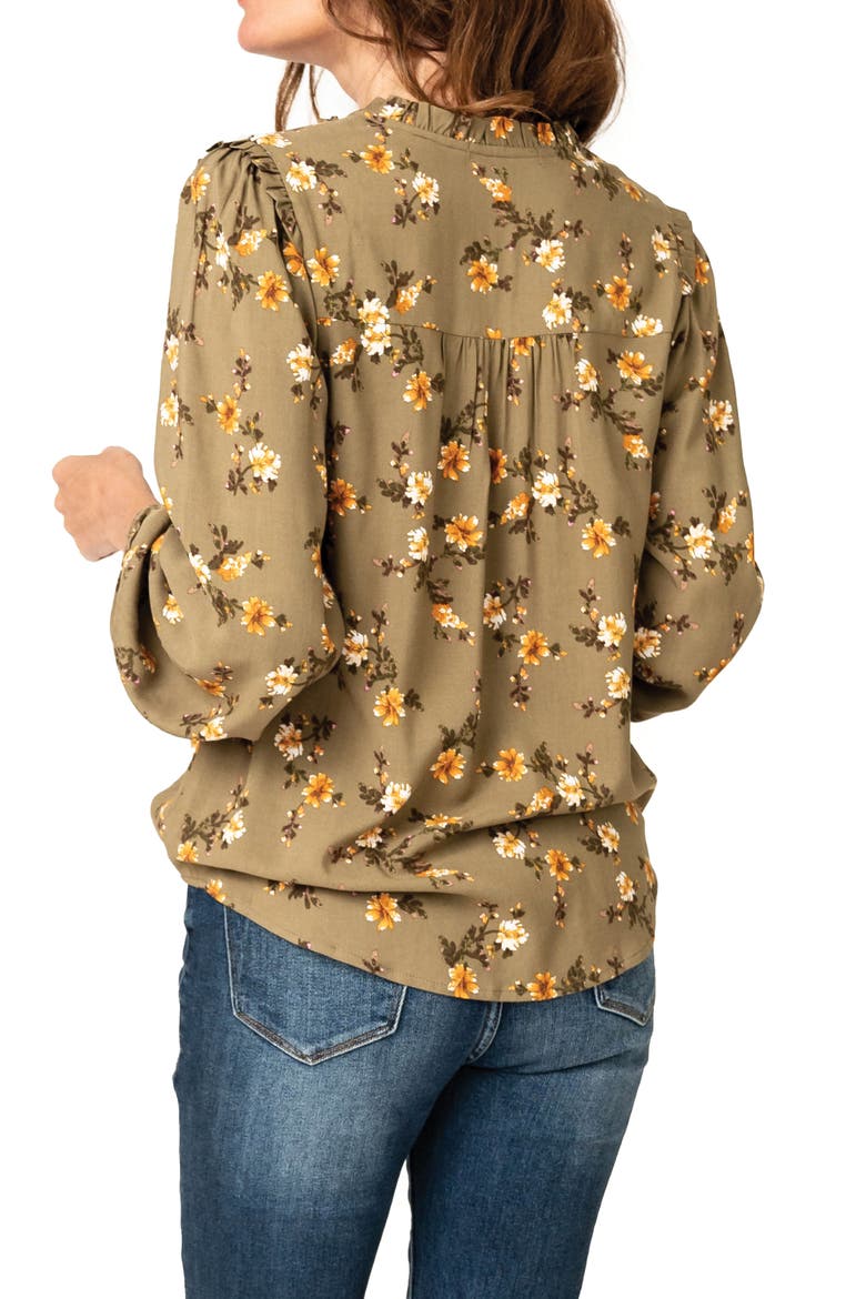 Tie Neck Long Sleeve Smoked Yoke Blouse, Alternate, color, OLIVE FALL FLORAL