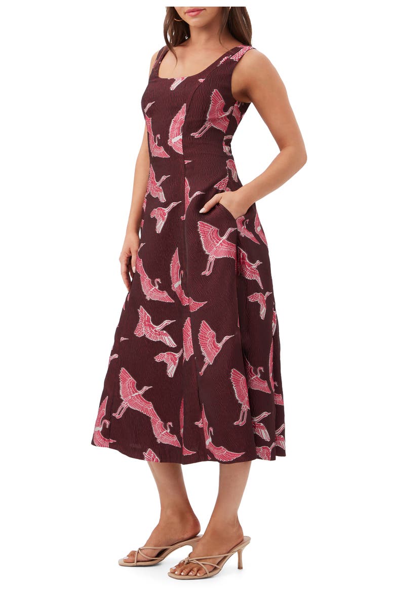 Trina Turk Valor Crane Midi Dress, Alternate, color, Kanpai Wine Multi