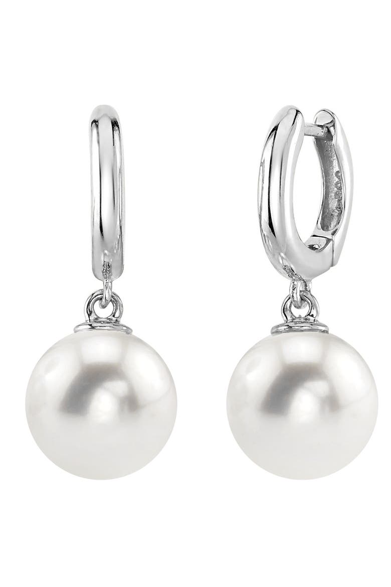 Freshwater Pearl Huggie Mary Earrings, Main, color, White Gold