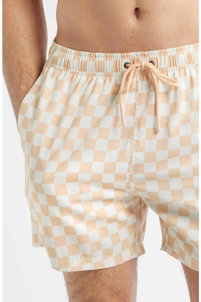 Checkerboard Print Swim Trunks, Alternate, color, SAND/ CREAM