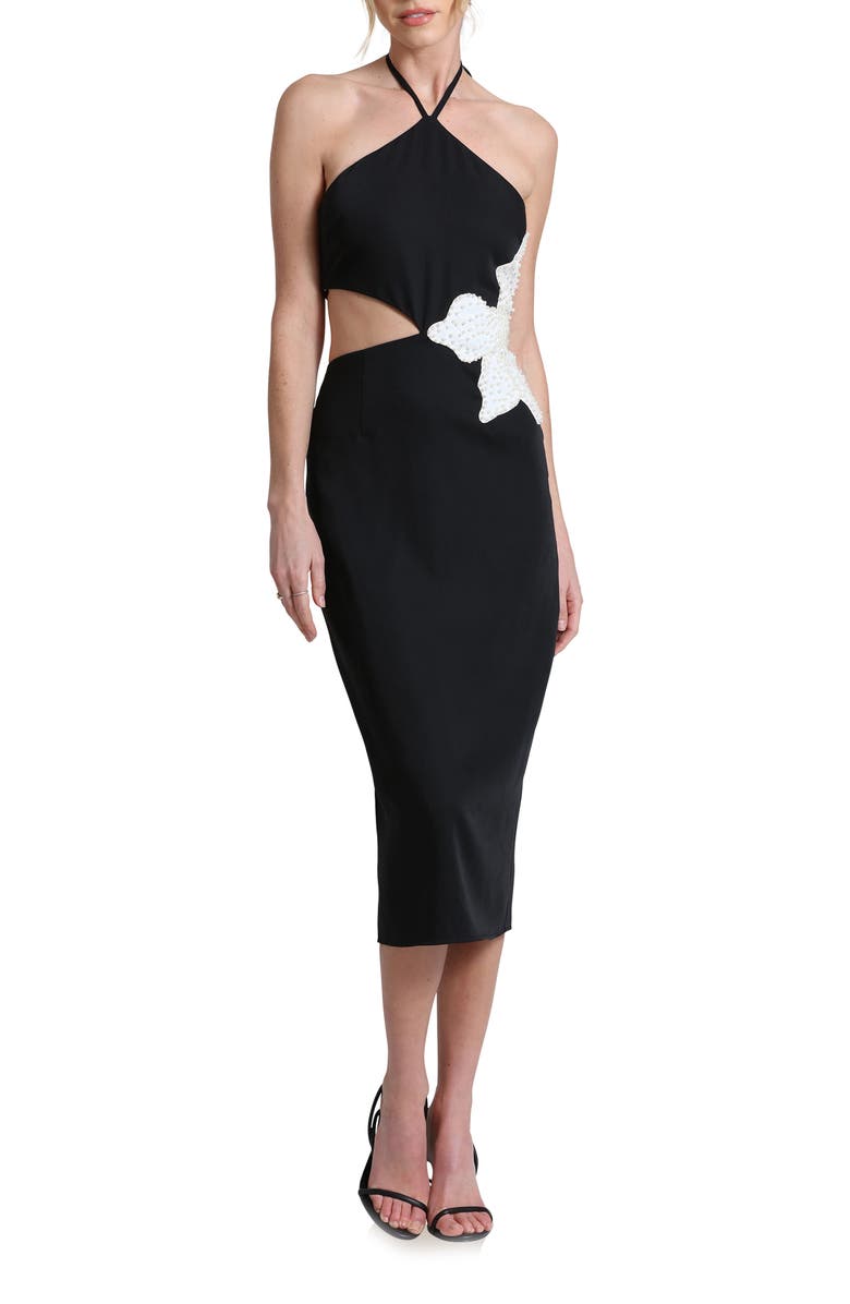 Avec Les Filles Floral Appliqué Cutout Halter Midi Dress, Main, color, 