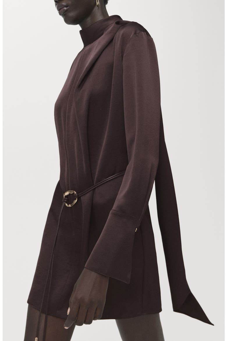 Foulard Long Sleeve Satin Dress, Main, color, BROWN