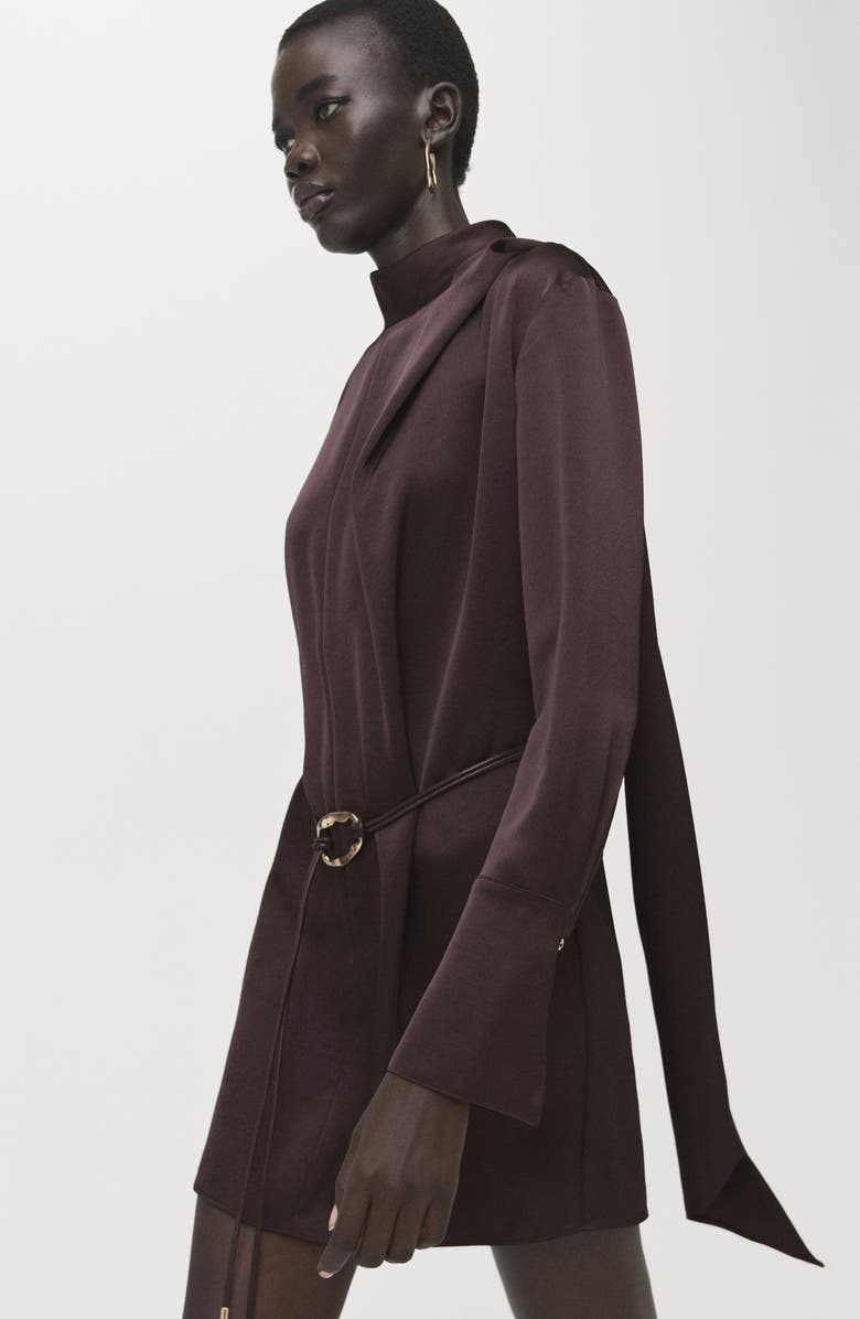 MANGO Foulard Long Sleeve Satin Dress, Alternate, color, Brown
