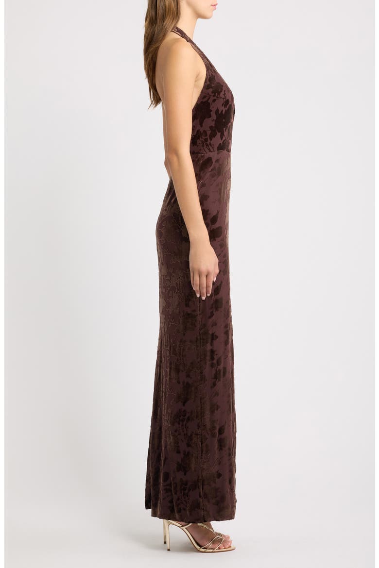 Floral Burnout Halter Neck Maxi Dress, Alternate, color, COFFEE BEAN