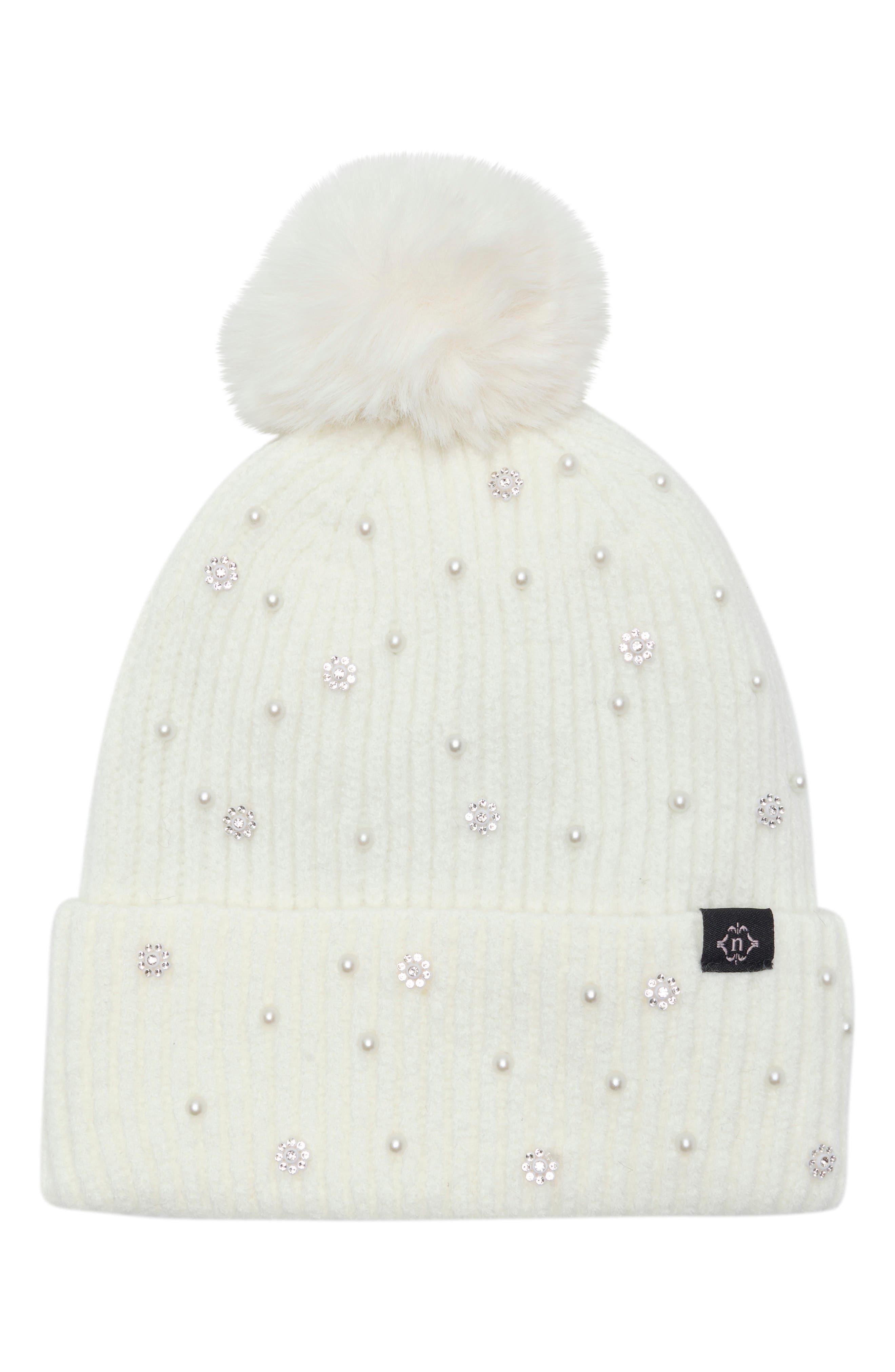Textured Faux Pearl and Crystal Beanie