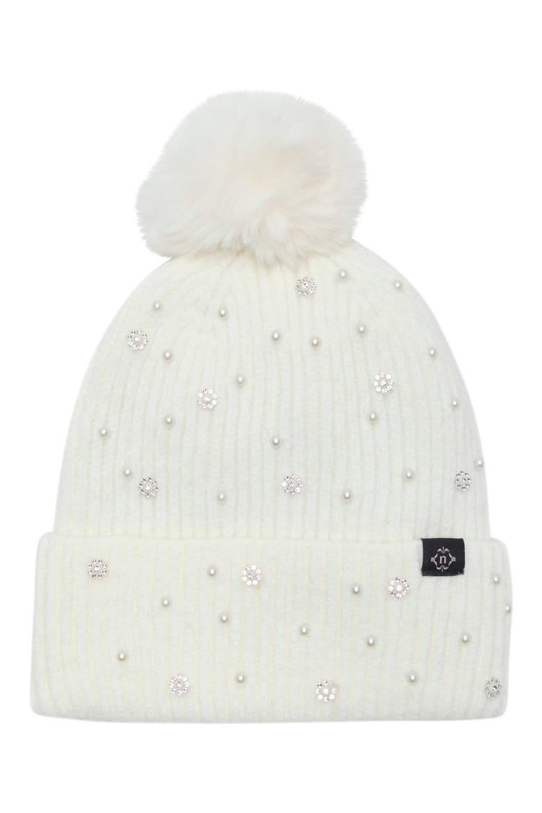 Textured Faux Pearl and Crystal Beanie, Main, color, IVORY