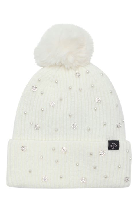 Textured Faux Pearl and Crystal Beanie