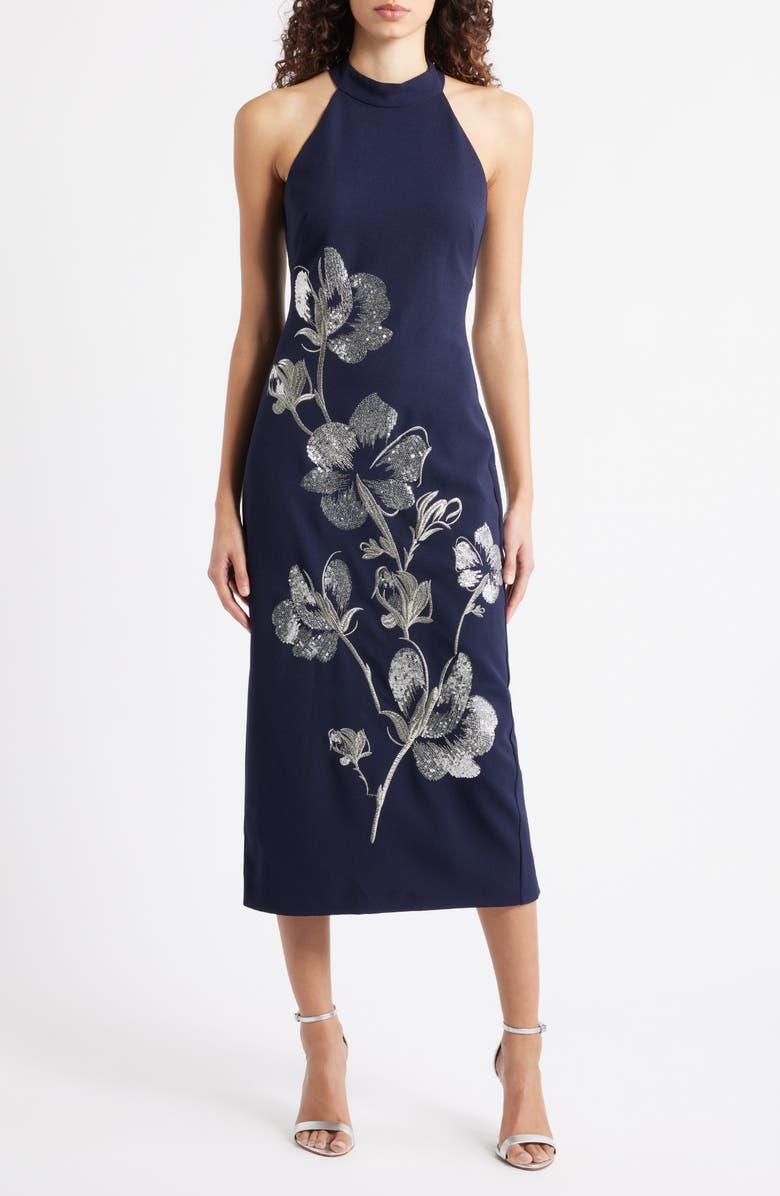 Vince Camuto Sequin Crepe Cocktail Dress, Main, color, Navy