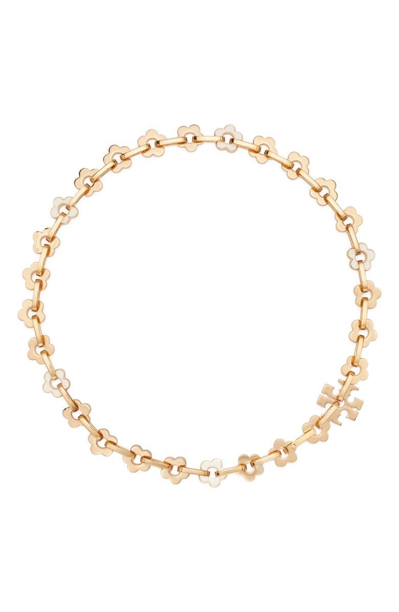 Tory Burch Forget Me Not Flower Chain Link Necklace, Main, color, Tory Gold / New Ivory