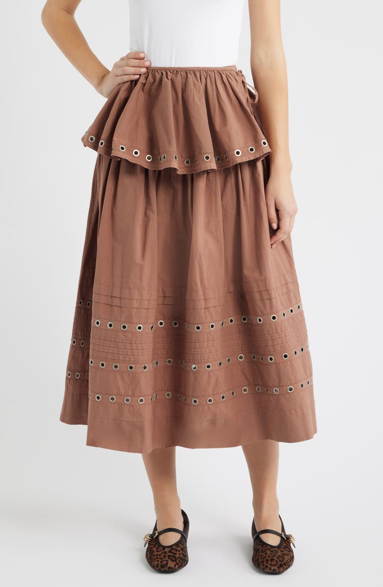Damson Madder Anika Ruffle Grommet Organic Cotton Maxi Skirt, Main, color, Tan
