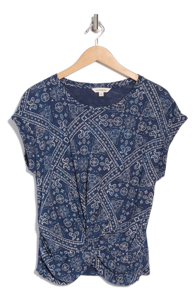 Lucky Brand Bandana Print Twist Front T-Shirt, Alternate, color, Navy Bandana Print