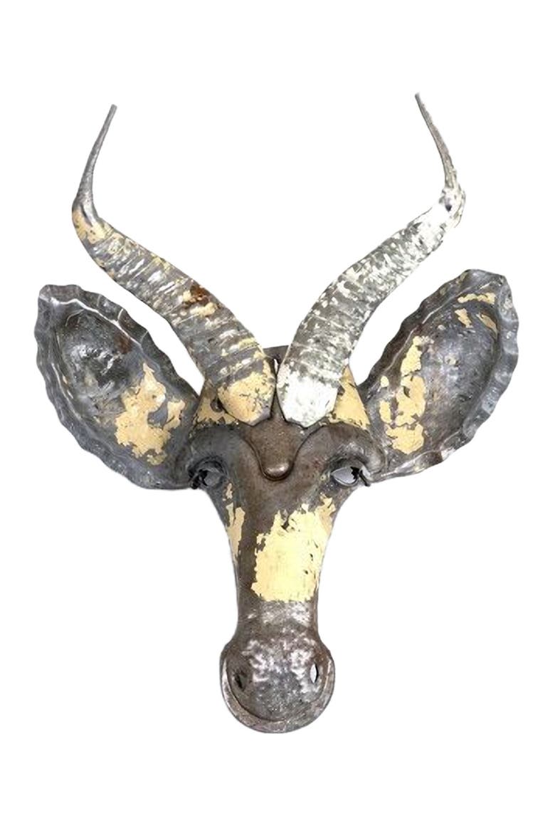 Springbok Animal Mask - Recycled Metal Wall Art, Main, color, Grey
