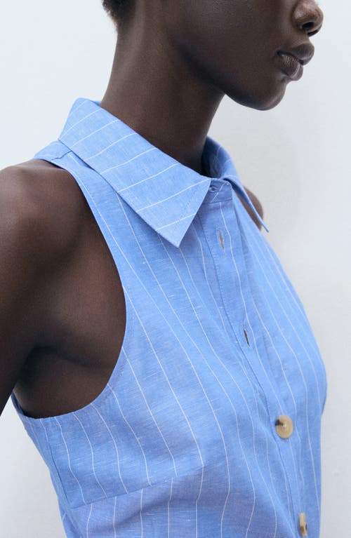 Mango Pinstripe Sleeveless Cotton & Linen Blend Shirtdress In Blue