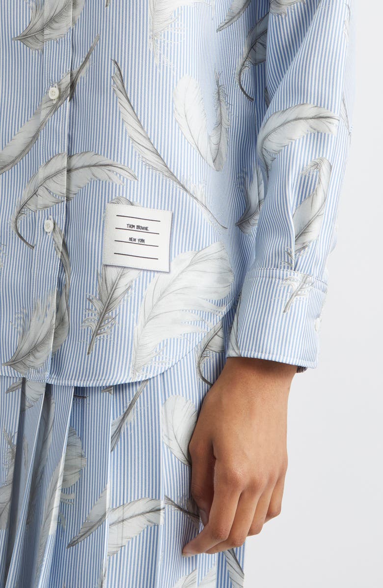 Thom Browne Feather Print Stripe Silk Button-Up Shirt, Alternate, color, Light Blue