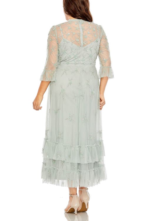 Mac Duggal High Neck Embellished Flutter Half Length Sleeve In Sage