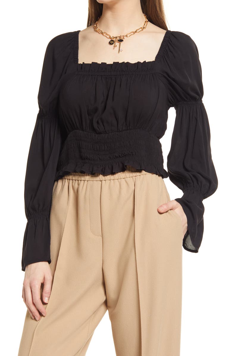 Open Edit Flare Sleeve Smocked Blouse, Main, color,