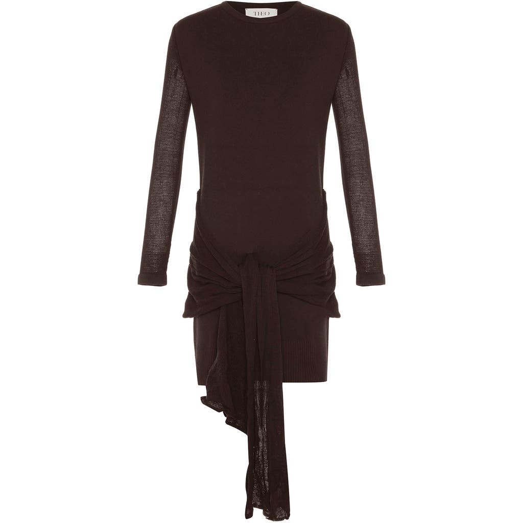 Theo The Label Nomia Sheer Sleeve Draped Front Dress In Brown