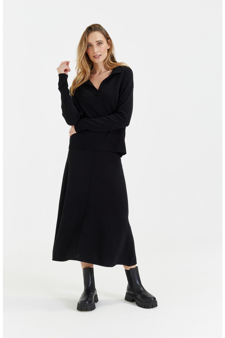 Wool Cashmere Blend V Neck Collared Sweater, Alternate, color, Black