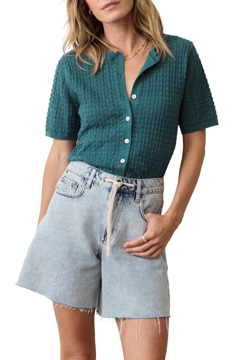Lucia Pointelle Stitch Short Sleeve Cotton Blend Cardigan, Main, color, MEDITERRANEA