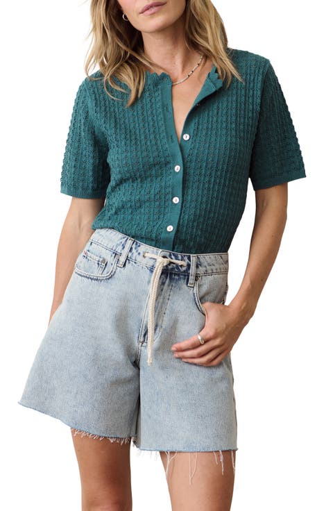 Lucia Pointelle Stitch Short Sleeve Cotton Blend Cardigan