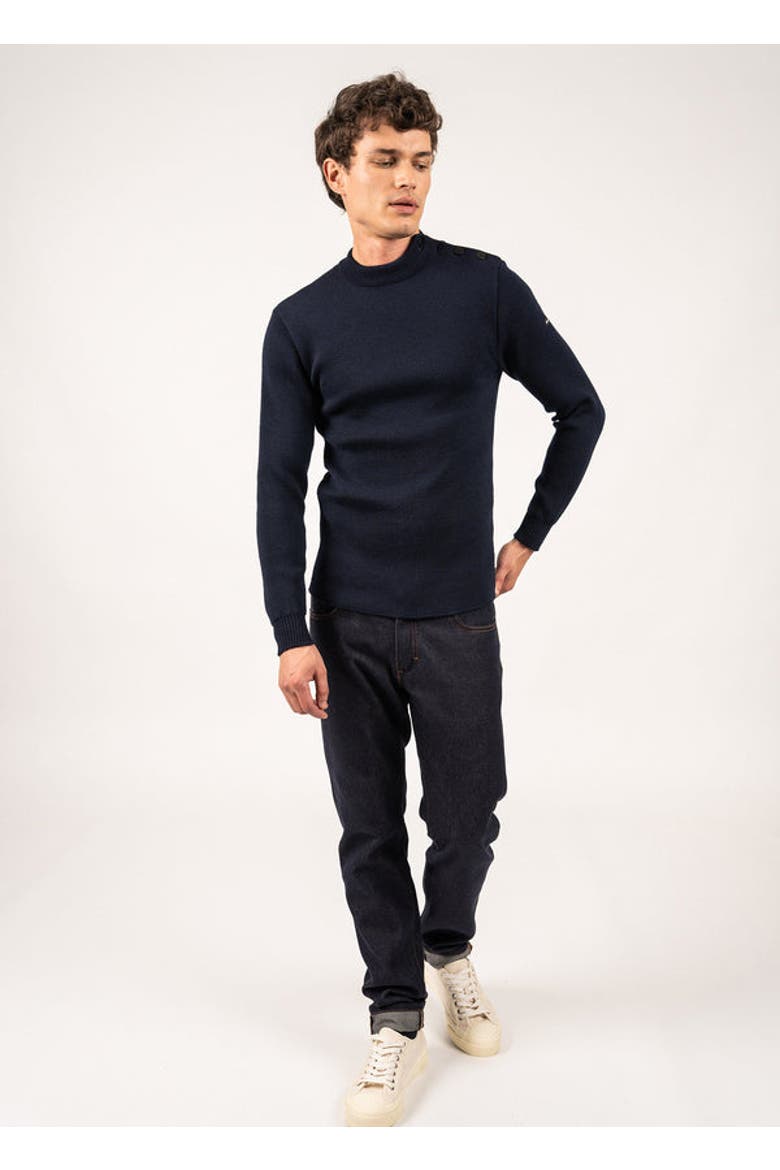 MATELOT - Wool Fisherman Sweater with Button Shoulder, Main, color, Navy