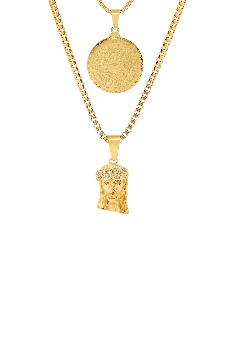 HMY JEWELRY Men's 18K Yellow Gold Plated Stainless Steel Layered Pendant Necklace, Alternate, color, Yellow