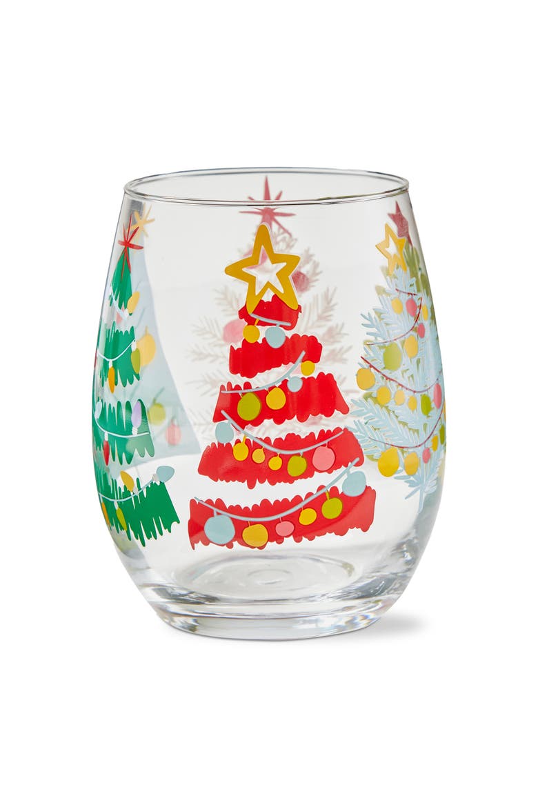 Groovy Trees Stemless Wine Glass Multi Glass 3 x 3 x 4.75 in Christmas, Main, color, Clear