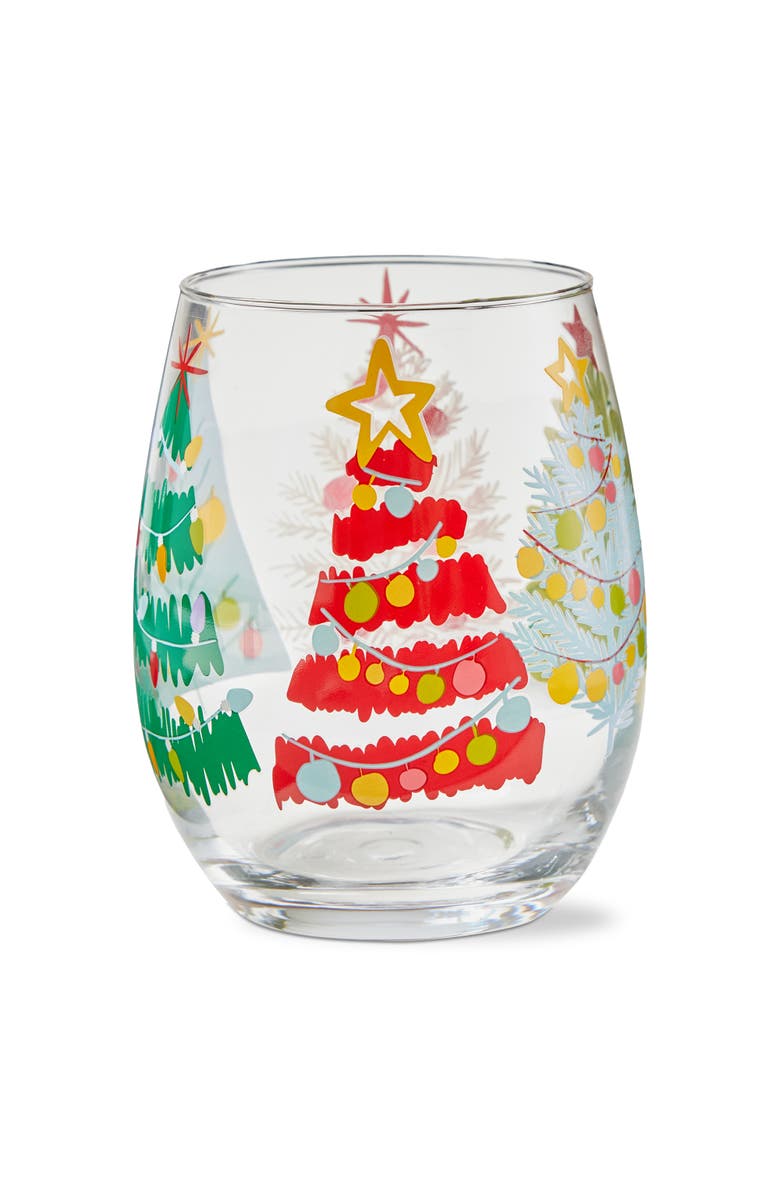 tag Groovy Trees Stemless Wine Glass Multi Glass 3 x 3 x 4.75 in Christmas, Main, color,