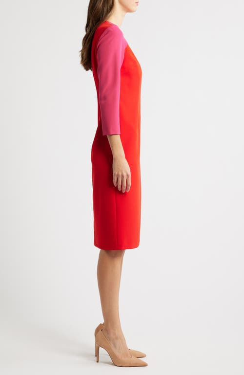 Anne Klein Colorblock Three-quarter Sleeve Sheath Dress In Fuchsia Rose/poppy (5dn)