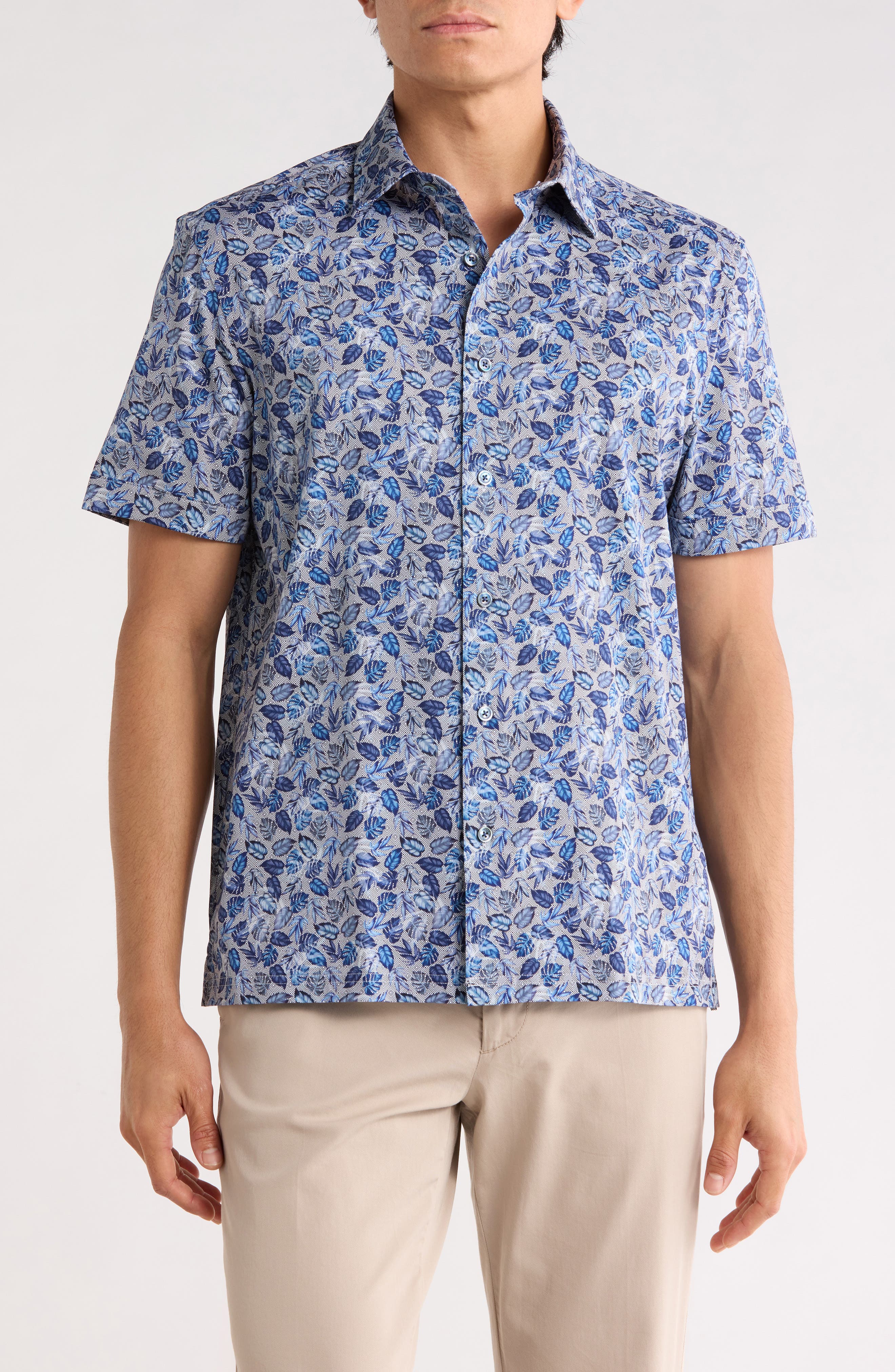 Bugatchi Leaf Short Sleeve Stretch Cotton Button-Up Shirt
