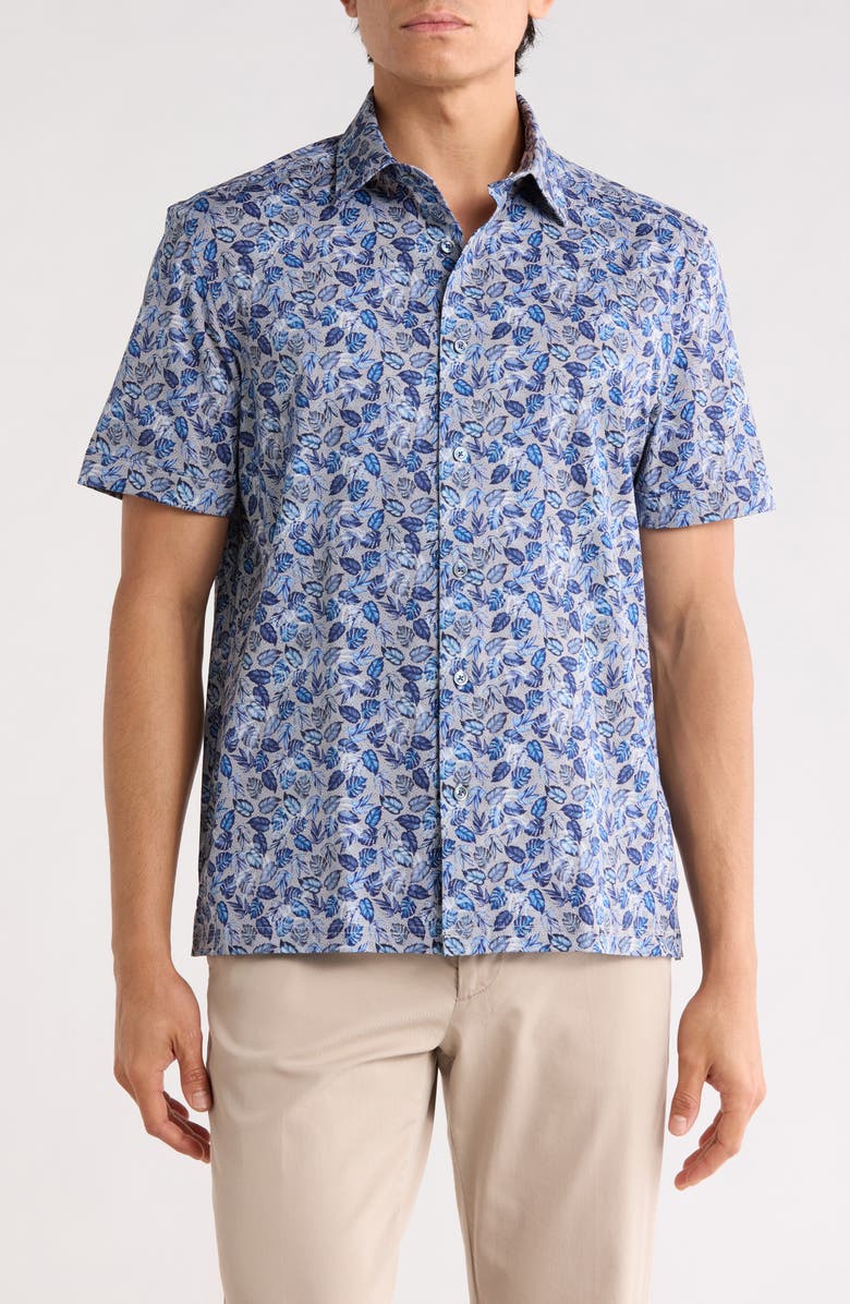 Bugatchi Leaf Short Sleeve Stretch Cotton Button-Up Shirt, Main, color, Night Blue