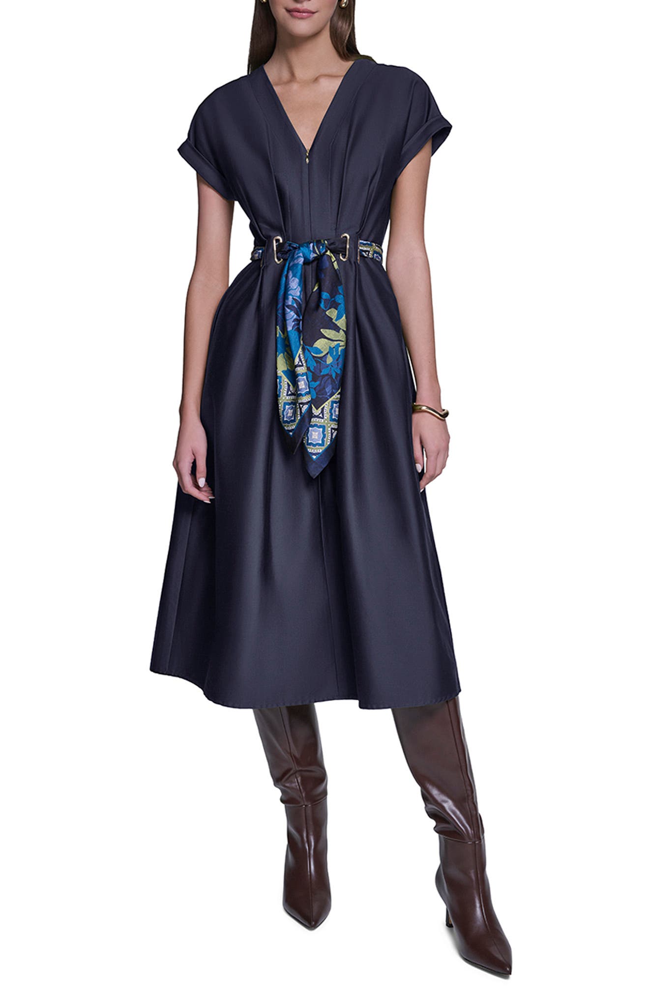 Grommet Belt Zip Front Midi Shirtdress