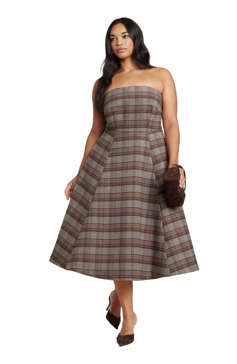 ELOQUII Plaid Fit And Flare Midi Dress, Main, color, Grey Brown Plaid