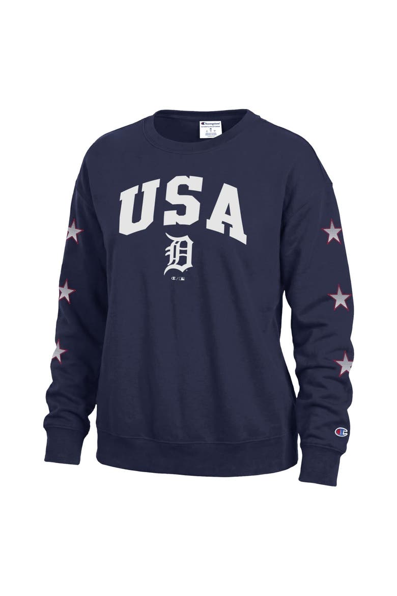 Women's Champion  Navy Detroit Tigers Americana Fleece Crewneck Sweatshirt, Alternate, color, Navy