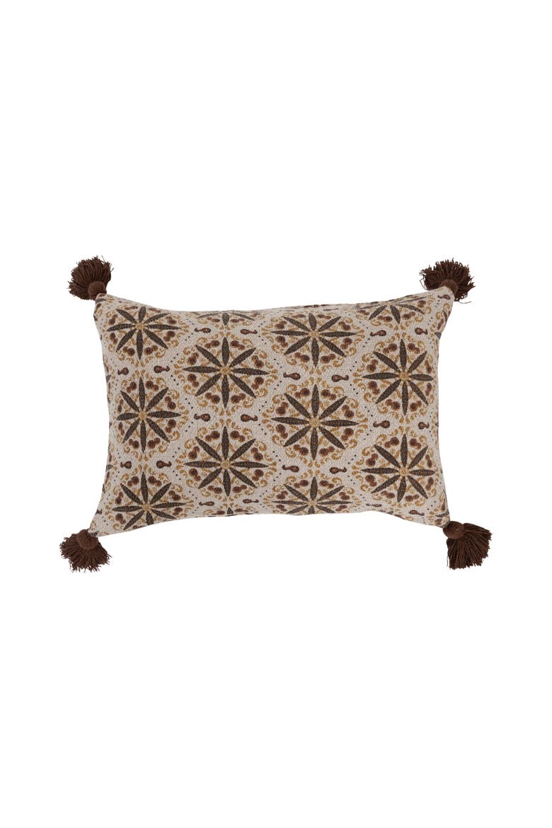 Recycled Cotton Blend Lumbar Pillow with Floral Medallion Print and Tassels, Cover Only, Main, color, Beige