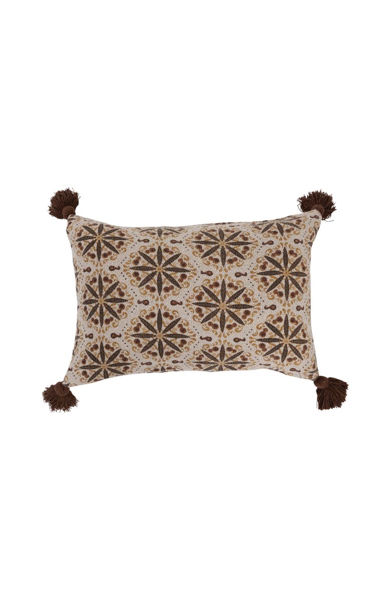 Storied Home Recycled Cotton Blend Lumbar Pillow with Floral Medallion Print and Tassels, Cover Only, Main, color, Beige
