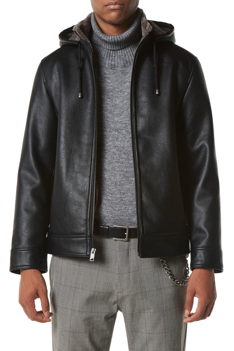 Jutland Hooded Faux Fur Lined Faux Leather Moto Jacket, Alternate, color, BLACK