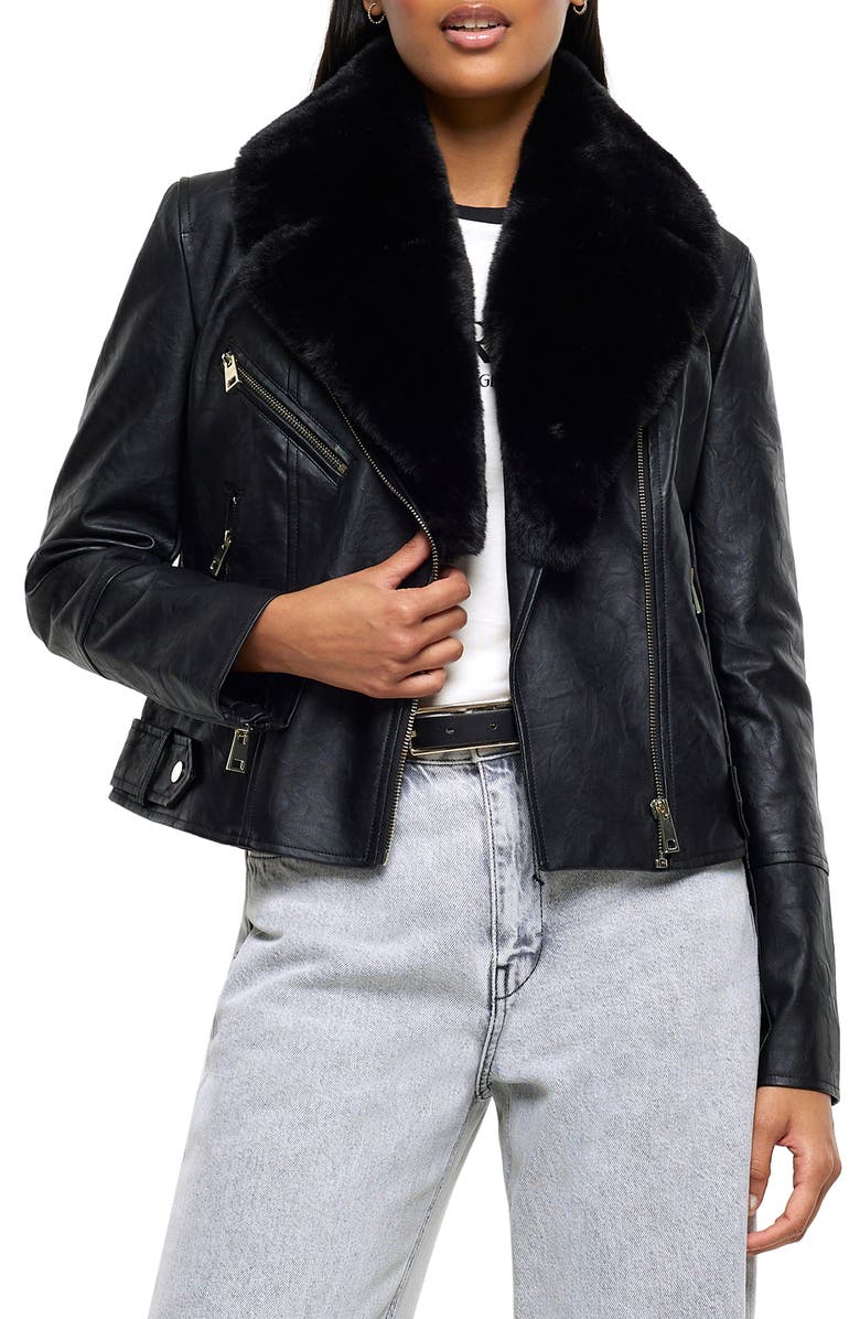 River Island Faux Leather Biker Jacket with Removable Faux Fur Trim, Main, color, 