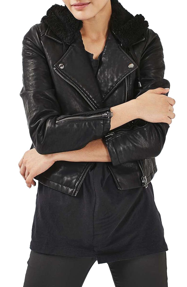 Topshop Maggie Faux Leather Biker Jacket with Hood, Main, color, 