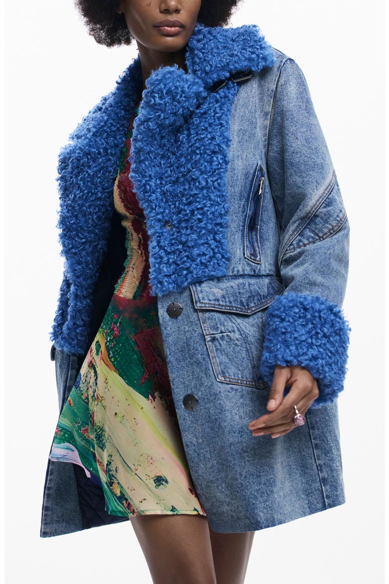 Denim & Faux Shearling Coat, Alternate, color, DENIM
