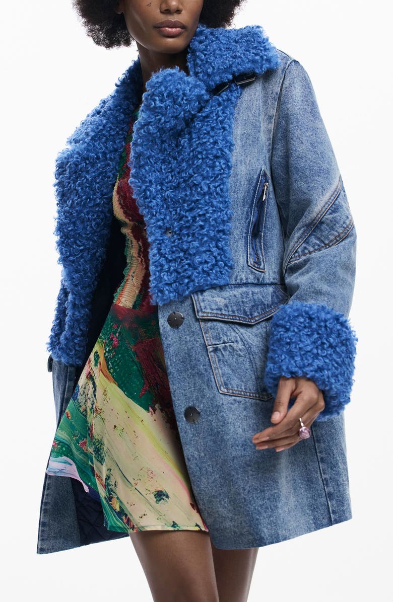 Desigual Denim & Faux Shearling Coat, Alternate, color, 