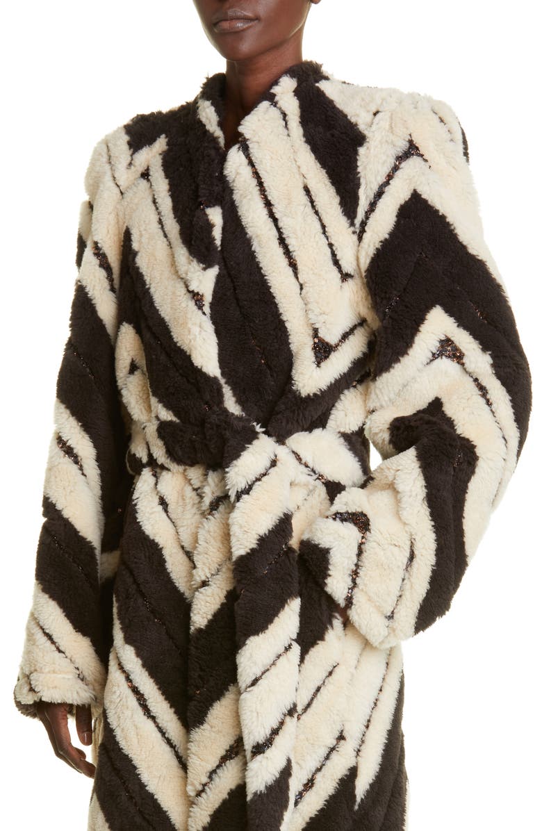 Stella McCartney Stripe Faux Fur Belted Coat, Alternate, color, 