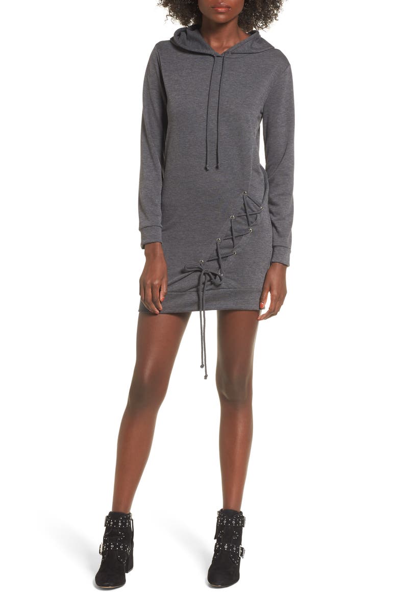 Lace Up Hoodie Dress, Main, color, CHARCOAL