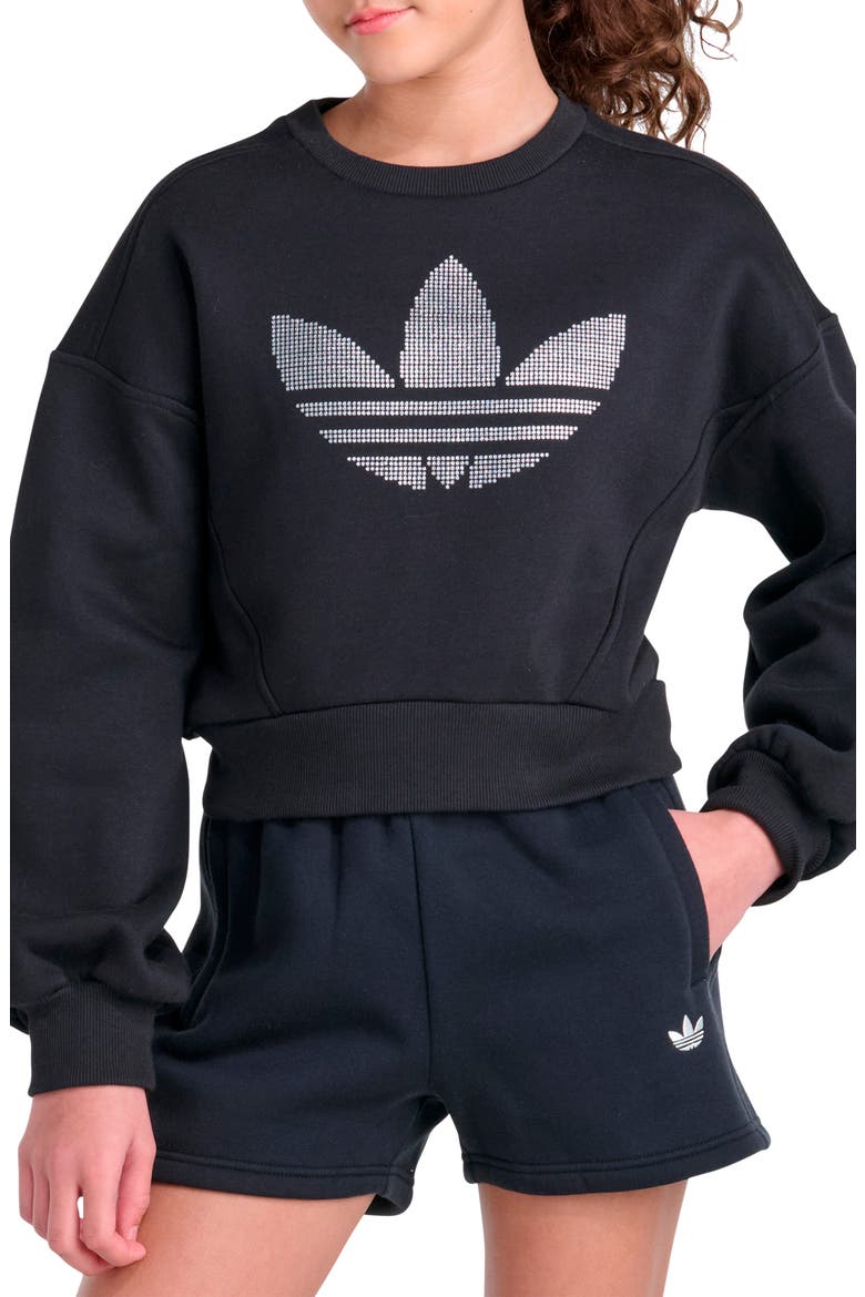 Kids' Glitter Trefoil Fleece Graphic Sweatshirt, Main, color, BLACK