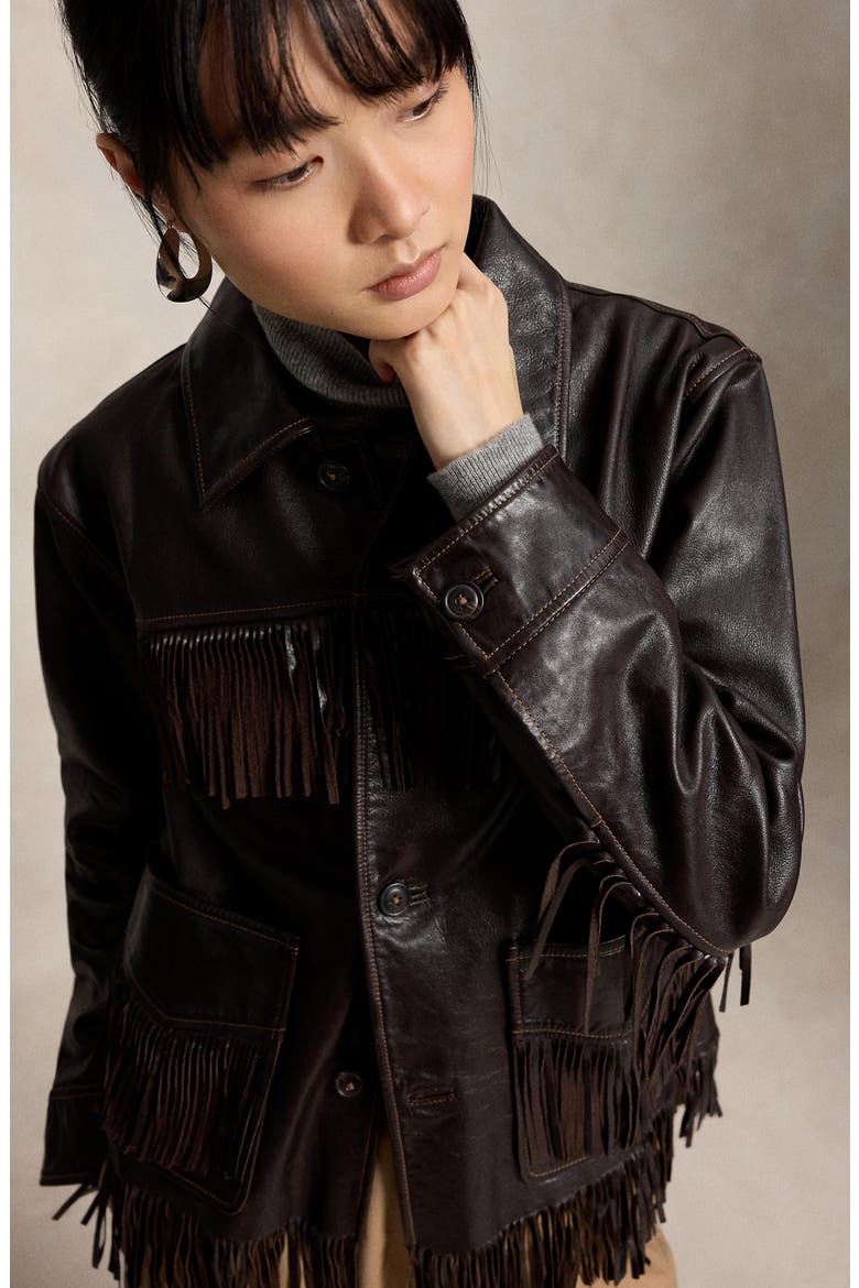 Fringe Trim Leather Shirt, Alternate, color, DARK CHOCOLATE