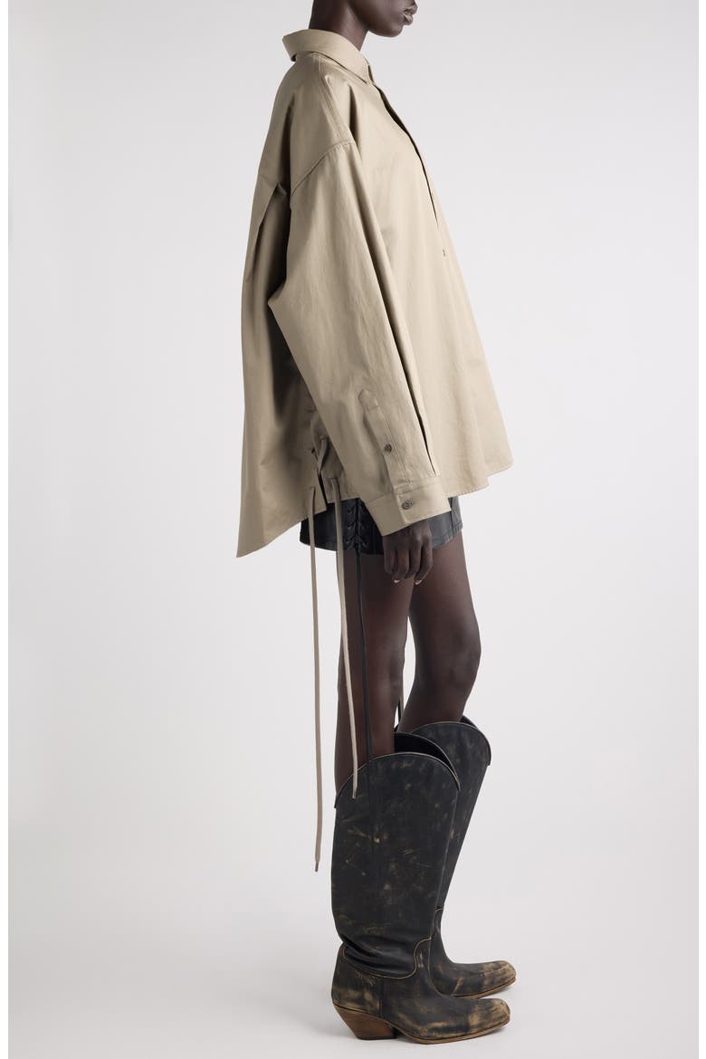 Lace-Up Detail Oversize Cotton Gabardine Button-Up Shirt, Alternate, color, 9506 SAND BEIGE