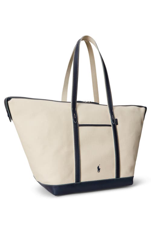 Polo Ralph Lauren Large Leather Trim Canvas Shopper Tote In Multi