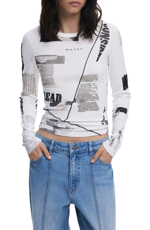 Mixed Print Long Sleeve Knit Top