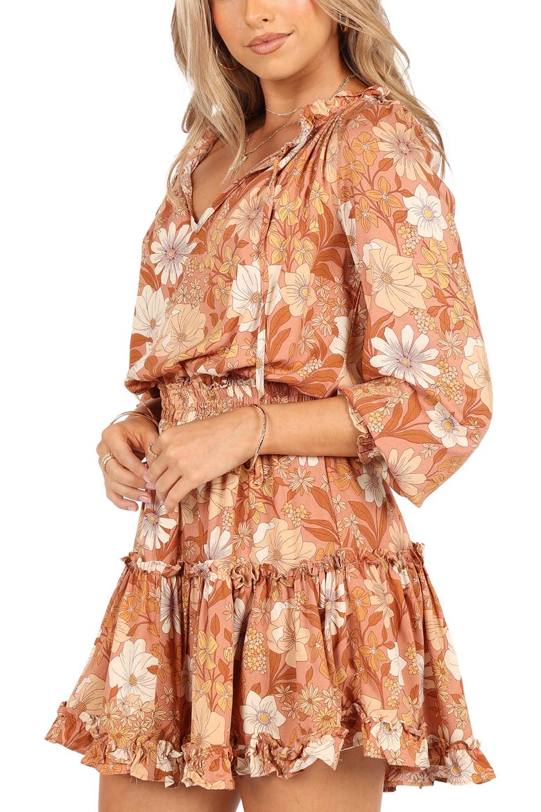 Kealan Floral Print Smocked Long Sleeve Tiered Minidress, Alternate, color, BROWN